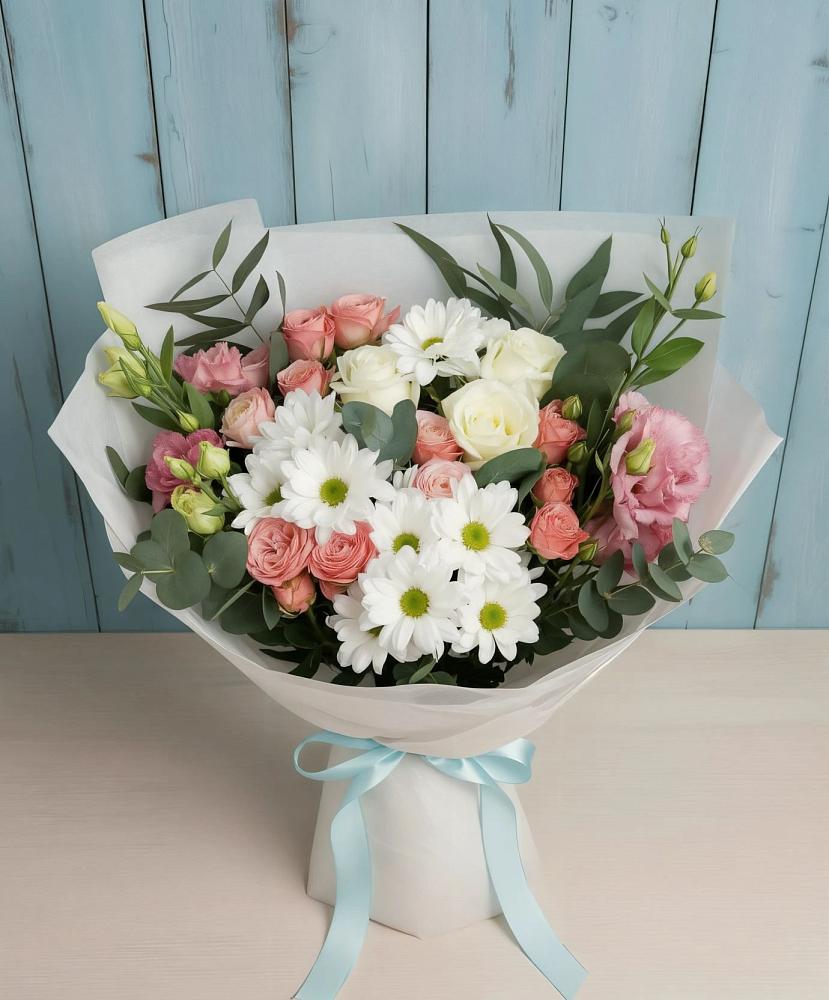Букет цветов из: Розы, Лизиантусы и Хризантемы в Каново